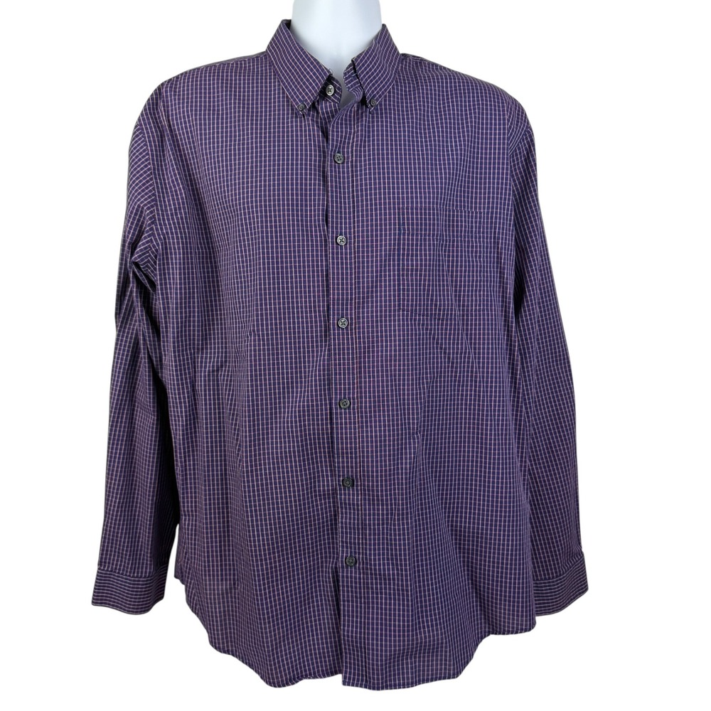 Van Heusen Men's XL Classic Fit Button Down Shirt Navy Blue Burgundy Check Grid